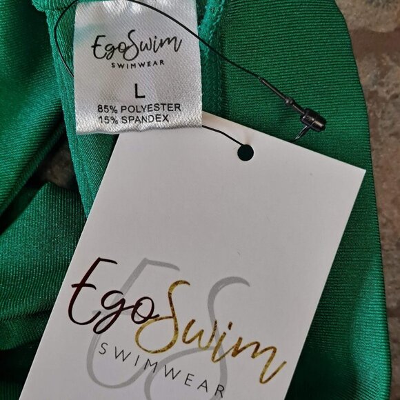 EcoSwim Size Large 2 Piece Green Bikini Set Hi Rise Bottom Sleeved Top w/Silver - Picture 6 of 15